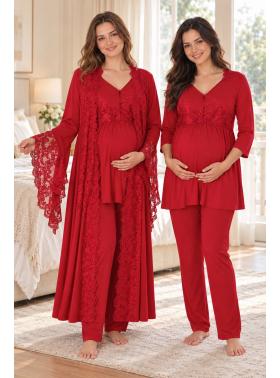 Effortt 3015  Vişne Prenses Sabahlıklı Lohusa Pijama Takımı